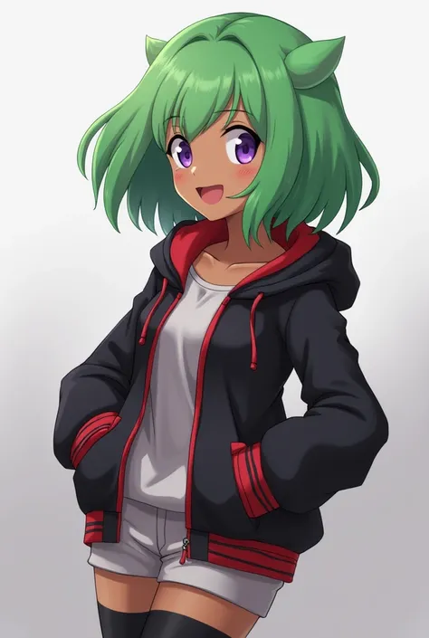  Anime girl with green and medium hair , with brown skin  ,  with purple eyes and who wears a black jacket with red edges ,  that reaches her thighs and sleeves are long  ,  with Pokémon trainer theme  .