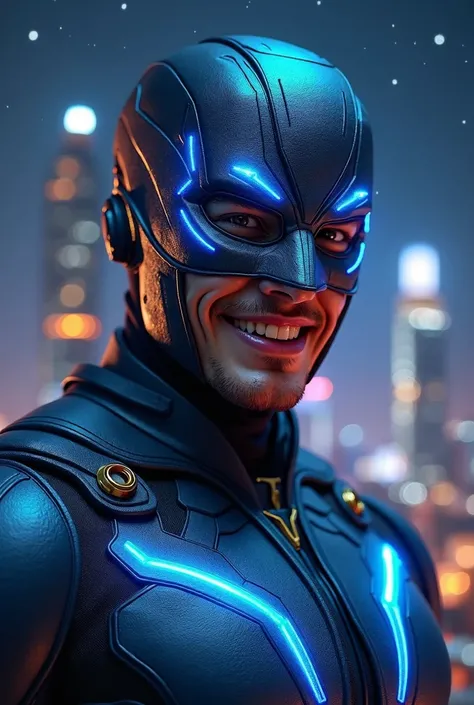 A masked hero with a smile on his face ,  wearing a futuristic outfit full of brilliant details ,  with a stylized mask that covers only the eyes and nose,  leaving the mouth visible .  The background is a modern city at night ,  with illuminated buildings...