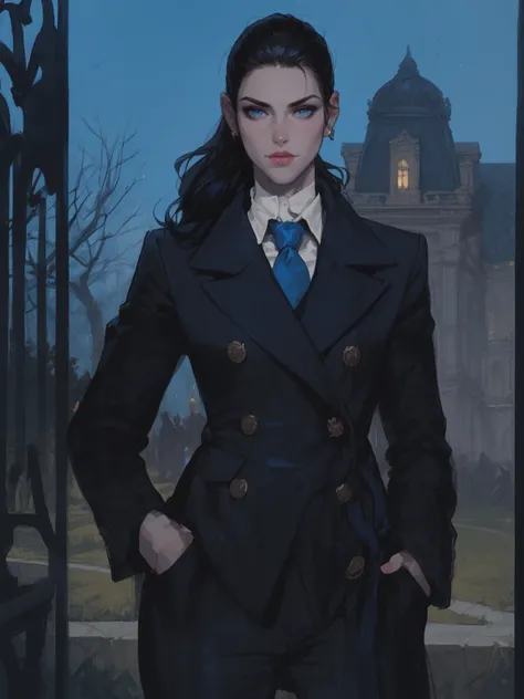 young woman with black hair, ponytail, blue eyes, tall and athletic, in a black suit, blue tie, classic pants, moccasin, in front of the gate, a dark mansion in the background, hand in pockets, sketch, realistic