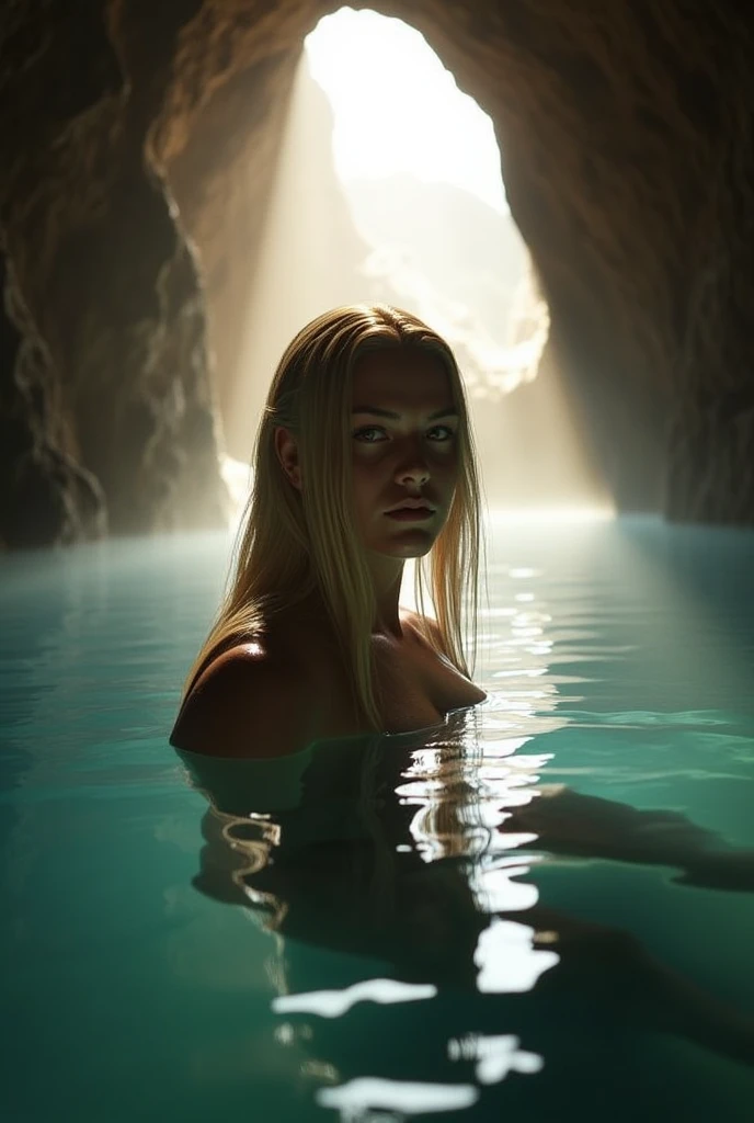 hot spring inside a dimly lit cave, steam rises from the water, a woman with long wet blonde hair swims in the water, staring at the viewer, a bit of sunlight shines through the opening of the cave reflecting off the water and creating a silhouette effect