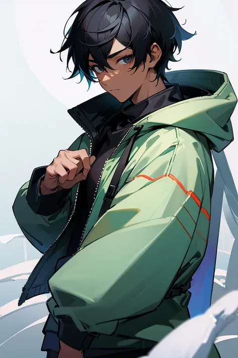 ((masterpiece)), (((best quality))), ((extremely detailed)), colorful, hdr, young teen, 1Male, solo, upper body, Black hair,Black eye, black skin color, black and Hoodie Jacket, Snow