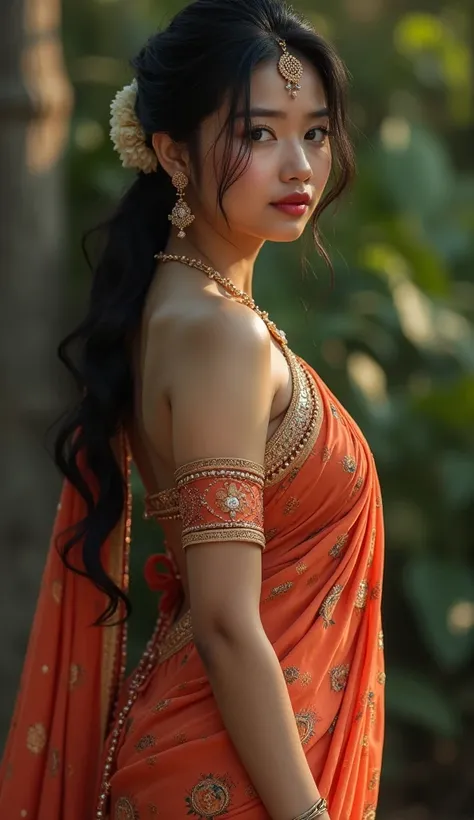 Beautiful cute wet Korean girl , with thick thighs and a curvy waist,  wearing a  beautiful Indian dress, ((low waist)), (tied wet hair)), (( beautiful Indian dress)) , bindi on forehead, highly detailed, depth of field, cinematic lighting, intricate, ((26...