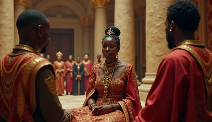 " cinematic image ,  ultra realistic in 4k of the African queen Amina of Zazau talking to her African generals, In ordinary costumes in the palace hall . The scene shows Amina in royal costumes ,  discussing strategies with her generals ,  who are also in ...