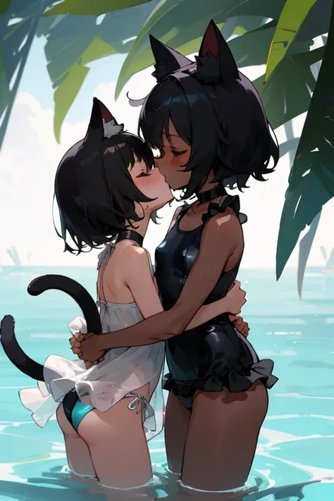  Clear Costume Design、masterpiece、 conforms to anatomy、 Anime Girl、little loli ，( black skin )、 Black Short Hair、Cat ears、Cat Tail 、dark skin、Drooling、 Details、Embrace、kiss、twin、Two 、sisters、Swimsuit、Moisture