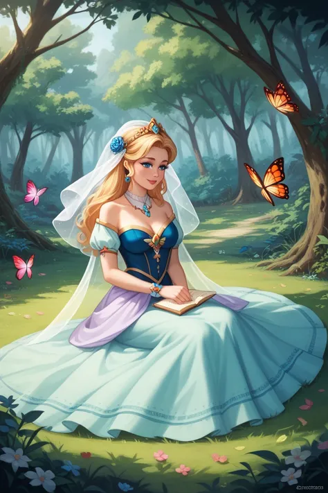 Amidst the clear stream in the lush woods,
A maiden sits gracefully, adorned in elegant attire.
Her silken fabric draped delicately,
A beauty profound, as if bestowed by the heavens.

She holds a crystal in her gentle hand,
Reflecting light like stars in t...