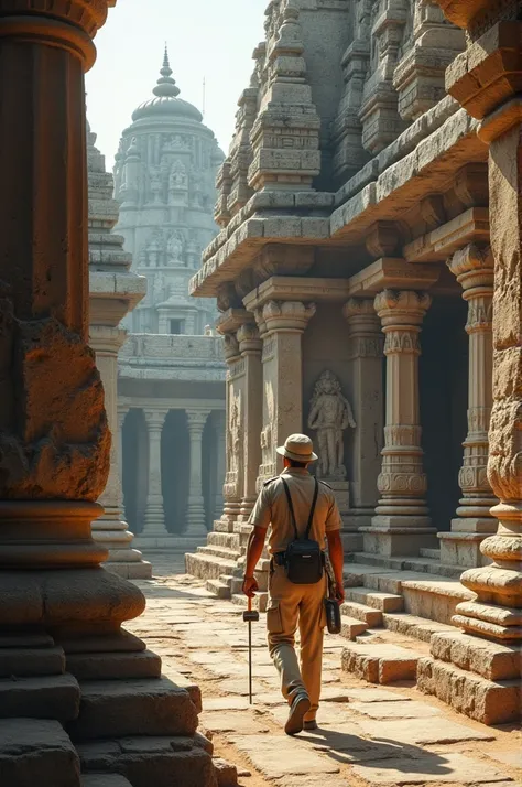 CREATE a Two or more "Archeological Survey Of India" Officers survey on old monument Temple.They having On hand Hammer, Cutters and Grinders.Documentries historical like 