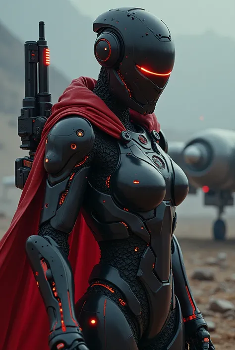 a massive robot gladiator,  wearing a black-red glowing techpunk mask ， eyes sparkle, with a  futuristic  pistol hanging from the left and right of her waist,  right hand with mechanical prosthesis ,  a red breakout cape swaying in the wind , highly detail...