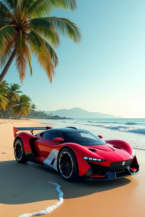   realistic photo ,  futuristic concept car, a rally bug in the color red ,  white and black made by Suzuki Motors, on the beach of a deserted island.