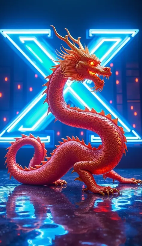 The transformation is complete: the beautiful Chinese woman has become a colossal and awe-inspiring Chinese dragon, fully embodying the essence of mythical power and grace. Her entire body is now covered in shimmering red and gold scales that glow under th...