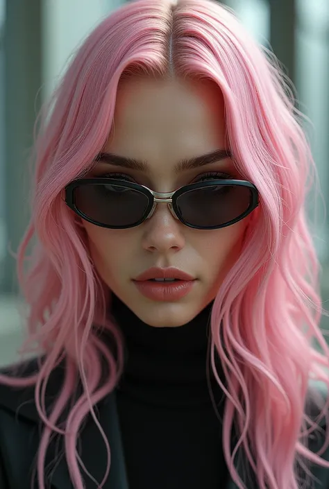 Woman with pastel pink hair portre image wearing sunglasses in the matrix