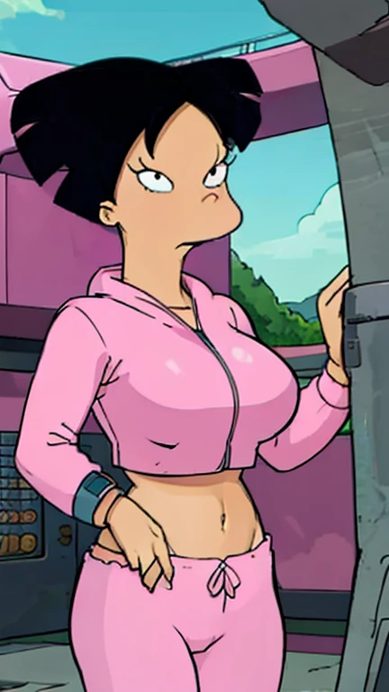 Amy wong is wearing her pink crop top with pink pants and she has large breasts 