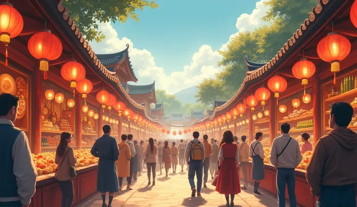 "A colorful village fair with bright lanterns, bustling stalls, and joyful villagers, the scene illuminated by wisdom symbols subtly integrated into the decorations."