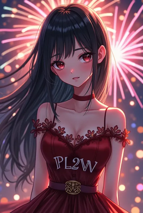 a anime style girl whit black hair and a elegant dress whit wrote on the chest "PL2W" and in background so much fireworks