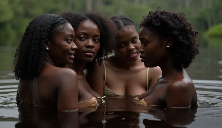 A masterpiece of ultra-realism, a group of stunning ebony-black women standing together in a serene lake. The girls stand facing the viewer, inviting intimacy and sensuality. Their skin is depicted in exquisite detail, with dark brown and piercing blue eye...