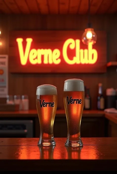 create an image of 2 beer glasses on a bar and that on the glass says Verne CLUB and behind the bar an illuminated sign that says VERNE CLUB