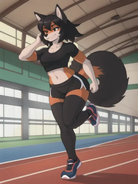 Furry, fox, wolf, girls, female, friend, black shirt, black spandex bike shorts, shoes, indoor running track, teen, competitor, full body