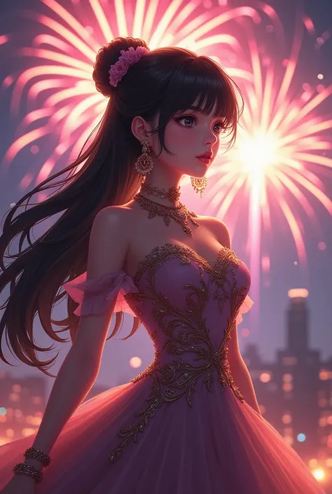 a anime girl whit black hair and a elegant dress whit wrote on the chest "PL2W" and in background so much fireworks