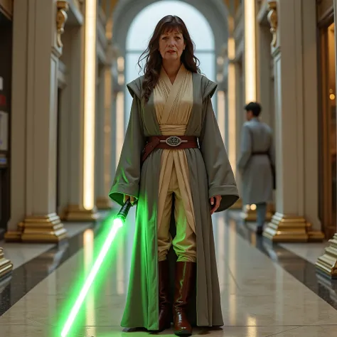  Use this image and create a woman with the same face. (( realistic ))  He wears gray and tan Jedi robes . Wear tan pants .  Wear brown knee-high boots . She wears a brown belt .  She wears a single-leaf lightsaber in green .  She is standing in the middle...