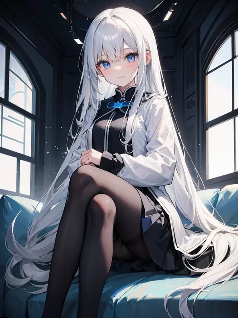 girl， White Long Hair ， white shirt ， loose black jacket， blue skirt ， black pantyhose ，Sit comfortably on the sofa，Cross your legs，， in the dark，Smile， pretty eyes，winter。