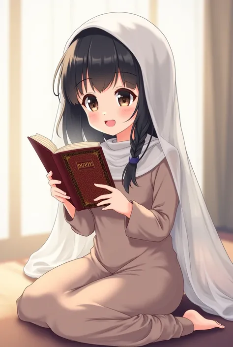 Create me a young girl anime version co .  Black hair who wears a modest dress and is sitting reading a bible with her head covered and is very happy 