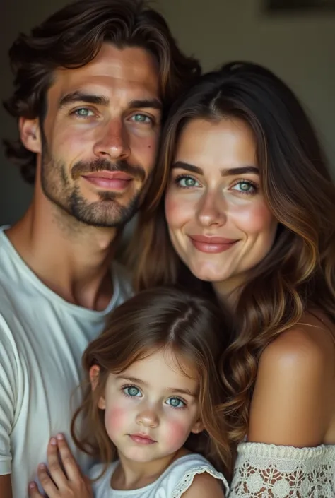 Create a photo of a family with a tall adult male with grey eyes and smooth dark brown hair and a white cute adult woman with wavy light brown hair with blue eyes and a  about  with wavy hair, almost straight, dark brown and light green eyes.
Old photograp...