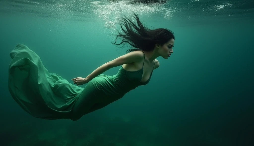 beautiful black haired woman in green dress, diving in the clear dark water sea, photo realistic