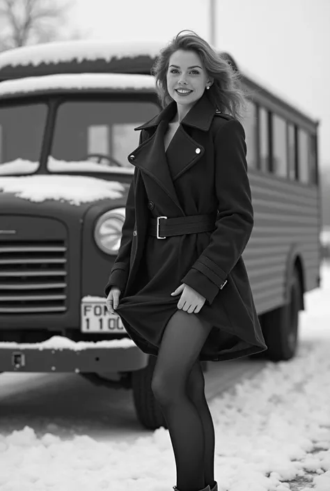 Black and white photo, November, the first snow,
A 30-year-old busty ginger lady with short curls stands next to a Soviet truck, dressed in a draped coat, Opened her coat, (lifted her skirt:1.3), exposed her hips in pantyhose, and smiles coquettishly