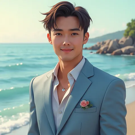 A groom wearing a wedding suit color baby blue, half body, have a necklace name YUKI, in the beach make it realistic