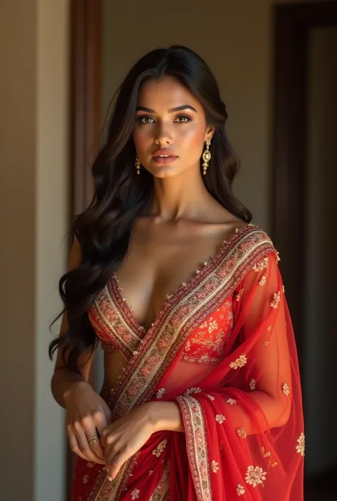 "A beautiful and attractive princess standing, exuding elegance and charm. She is dressed in traditional attire, with intricate designs that showcase her rich cultural heritage. Her body shape is alluring and graceful, with her chest slightly prominent. Sh...