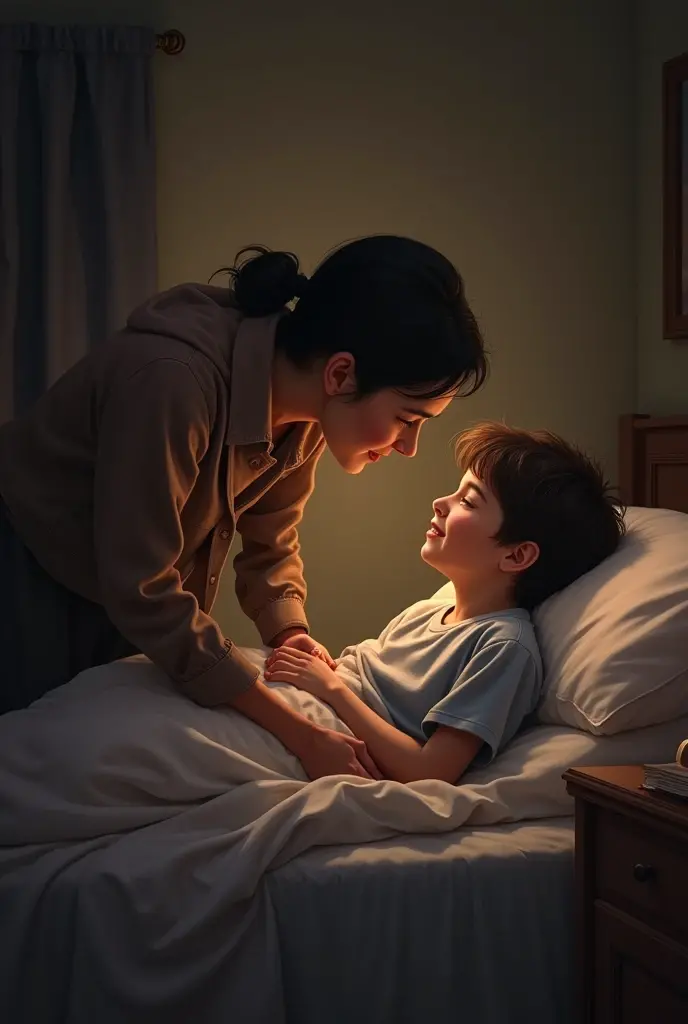 A boy is very sick and laying on the bed , and the other boy and his mom come to see the sick boy