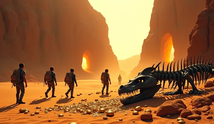 "Four adventurers wearing backpacks are walking across a vast desert landscape towards two mysterious glowing cave entrances carved into towering rock formations. In the foreground, a massive, ancient serpent-like skeleton with sharp fangs is partially bur...