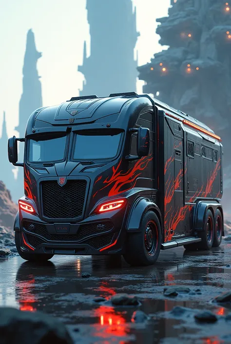 Transformer RV，An RV，Campervan, Autobot，Optimus Prime，science fiction，cyber punk style，high - tech，Alien technology going towards avatar movie style military base , create a hd image 