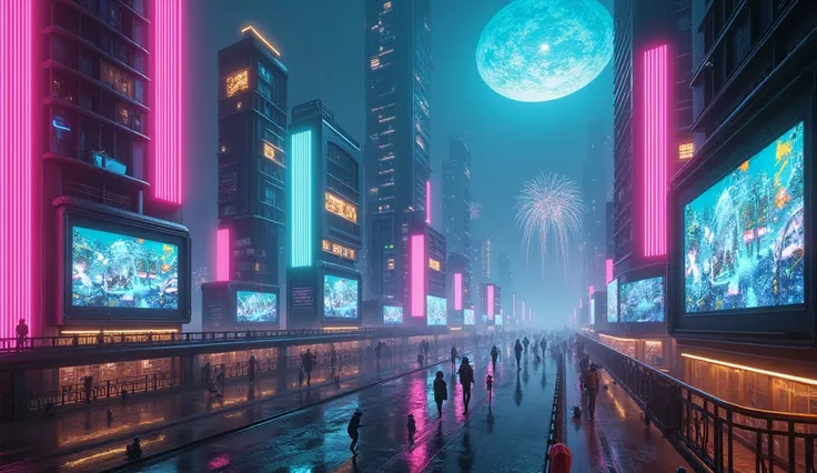 A surreal futuristic night view of a city, featuring towering skyscrapers with neon stripes glowing in vibrant colors - pink, blue, purple and green. The streets are filled with  3D billboards displaying abstract, otherworldly advertisements featuring dyna...