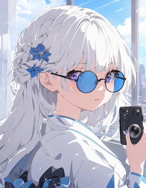  anime girl wearing white hair and blue glasses taking pictures.,  girl with white hair , 완벽한 White hair 소녀, White hair window , White hair의 여인, White hair,  2d anime style , White and blue, 지배적인 White and blue,  high quality anime art style ,  blue white ...