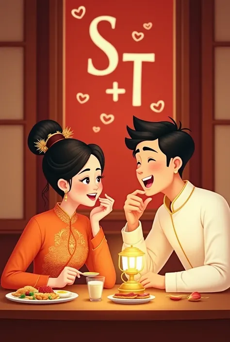 Create an image an animated or illustrated scene of a couple having a romantic meal at a table. The woman is wearing an orange traditional outfit with intricate patterns and her hair is styled with a decorative accessory. She appears happy and is leaning f...