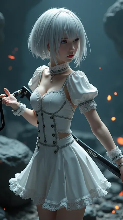 (Qingxu_Fotografía realista de retratos de belleza asiática_V11), (Qingxu_Fotografía realista de retratos de belleza asiática_F.11), yorha 2b automaton holding a large sword , short silver hair with bangs and a black headband , wearing a detailed mini whit...