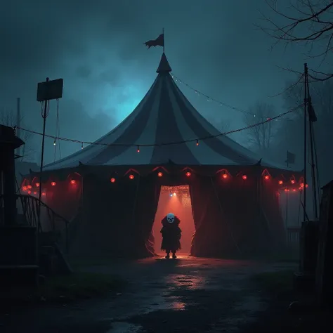   A gloomy and dilapidated circus tent in the middle of an abandoned market, under a thick night mist  .   A dark clown with a fuzzy face is seen near the entrance  ,   your mouth in a crooked smile and your dark eyes  .   The flashing red and blue lights ...