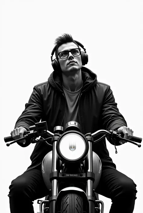 Create a drawing of a man in black and white,  with square lenses and headphones, Sitting on a naked type motorcycle,  his face is looking up and expresses sadness, tear. 