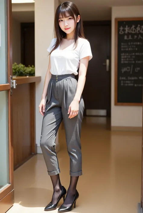 upper real  , photorealistic , she looks very happy , shadow, Global Pi Illuminations , alone, (Teenage Japanese Girl:1.5), very beautiful and delicate Japanese girl ,  black hair、Hairstyle bun、very beautiful、 smile、 beautiful legs 、 office lady suit 、jack...