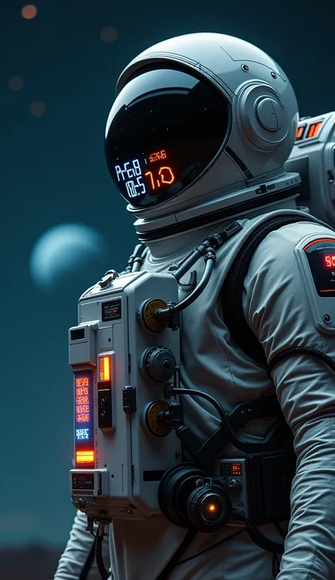 "A close-up view of the oxygen tank and supply system attached to a space suit. The tank has futuristic digital displays showing oxygen levels, temperature, and remaining supply. The background shows faint outlines of planets and stars."