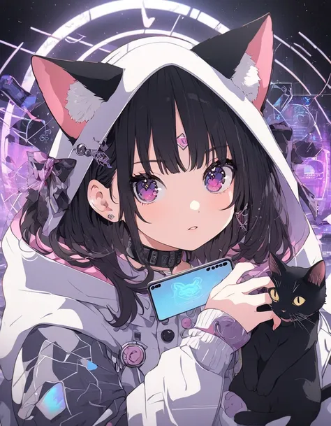  anime girl with black hair and cat hat ,  anime style illustration ,  Moe art style , Wallpaper 8k,  digital illustration ,  beautiful cat girl ,  Shes wearing a hood with animal ears and technoware technology, futuristic fashion in black and  Hologram  c...