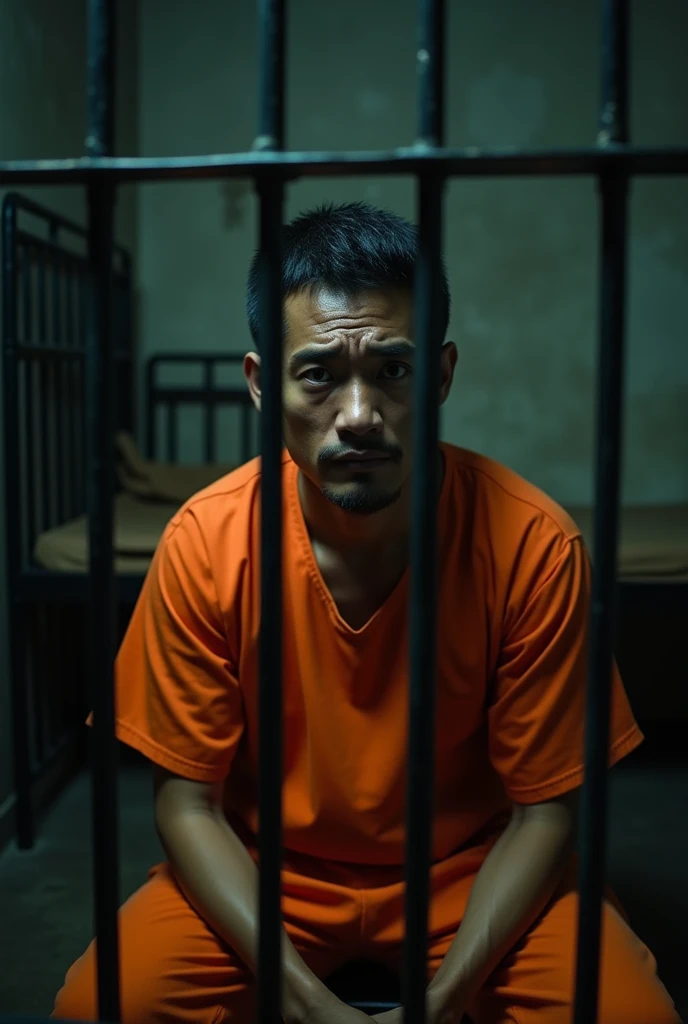 "A somber scene of a prison cell. In the center of the image, a malay man with similar physical characteristic malay actor, wearing an orange prison uniform, sits behind bars, with tears in his eyes, expressing sadness and despair. The surrounding environm...