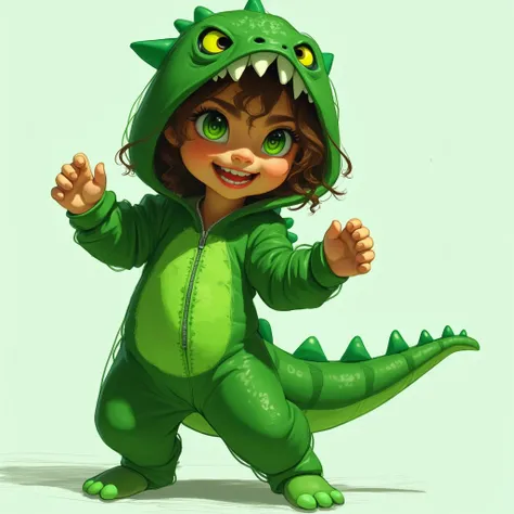 Small Girl, with Green Monster pajamas with a zipper and a tail as its a onesie,her pose is like she playing as godzilla,looking in a happy angry smile showing her teeth and fangs,visble abs,Looking at viewer,Grin,brown curly short hair,green neon eyes,Sol...