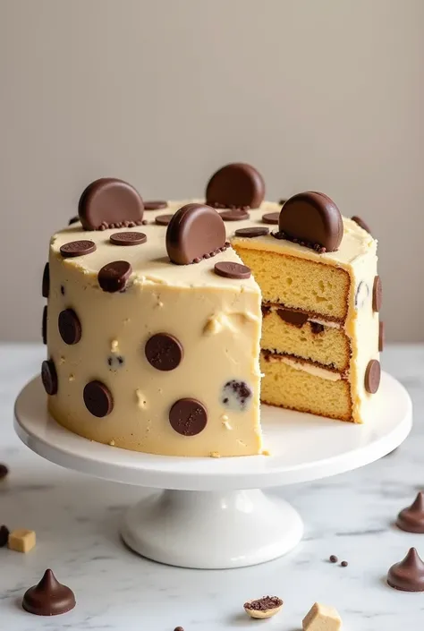 Beige Birthday cake with large chocolate buttons decorated to look like a big chocolate chip cookie with a bite out of it