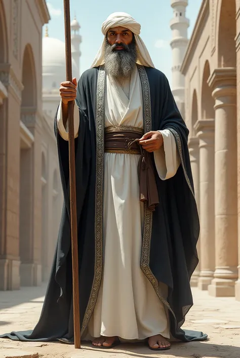 Prophet Moses full body  wear a black silver shawl lining and white dressing and turban and hold a long stick and stand on Makkah 