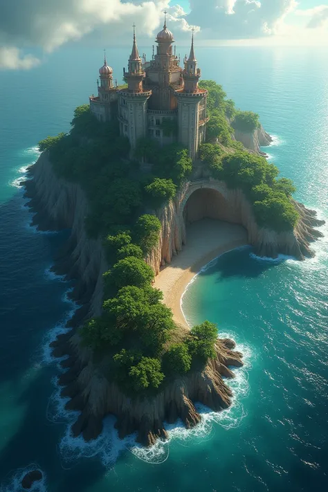  Magic Island of Hi-Brazil seen from above with two castles and divided in half by the ocean . It is shaped like a brain  