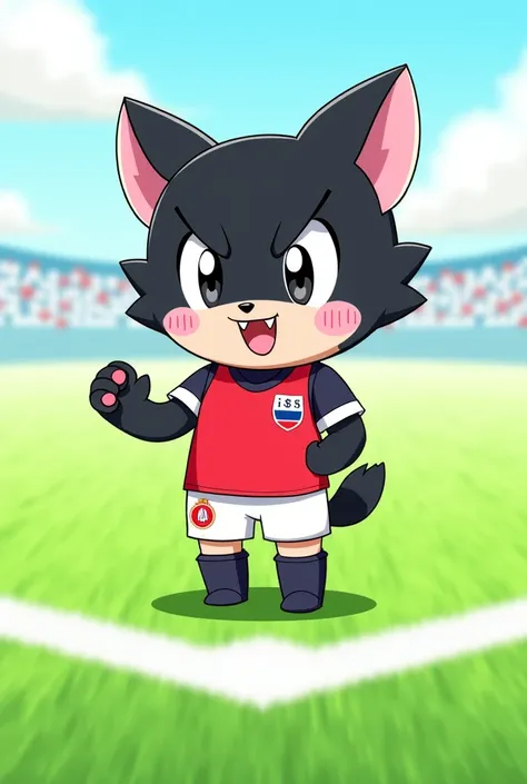 Cartoon of Kuromi wearing national athletic soccer team uniform 