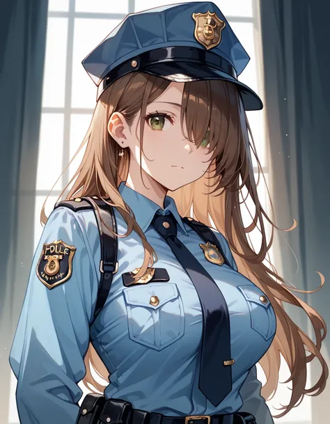 ,,,,,,,1girl,(25yo:1.2), ideal ratio body proportions, brown hair,brown eyes, hair over one eye,long straight hair,large breasts,,,,,,,,(police uniform:1.3),