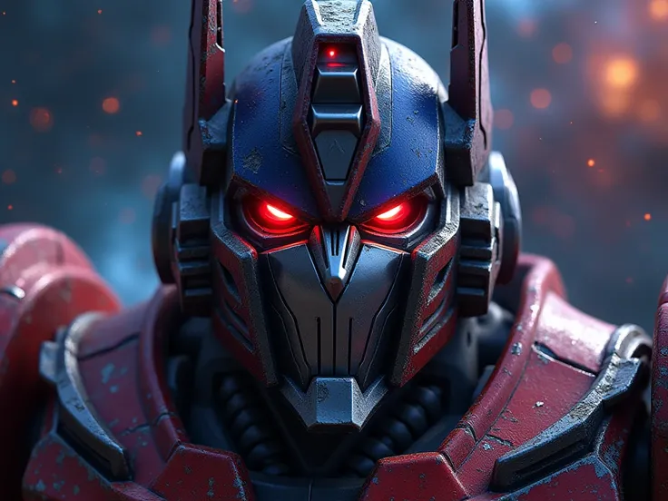 Optimus primal, eyes to camera, galaxy background, close up, red eyes