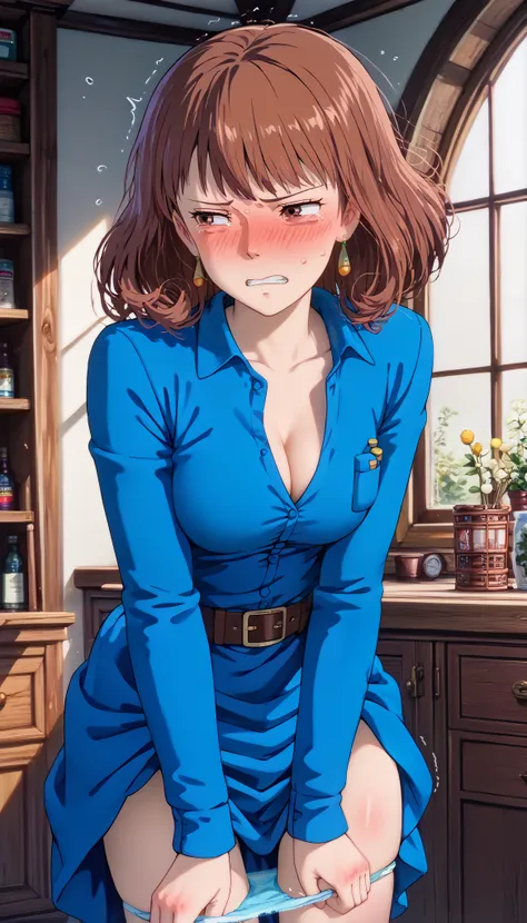 (cleavage ,open shirts:0.9)(narrowed eyes:1.7) style style source_ anime anime_ coloring (Nausicaa,1girl,brown hair,　medium hair,　brown eyes, breasts, Nausicaa,1girl,brown hair,　medium hair,　brown eyes, breasts, earrings, (light blue dress:1.3), chest bull...